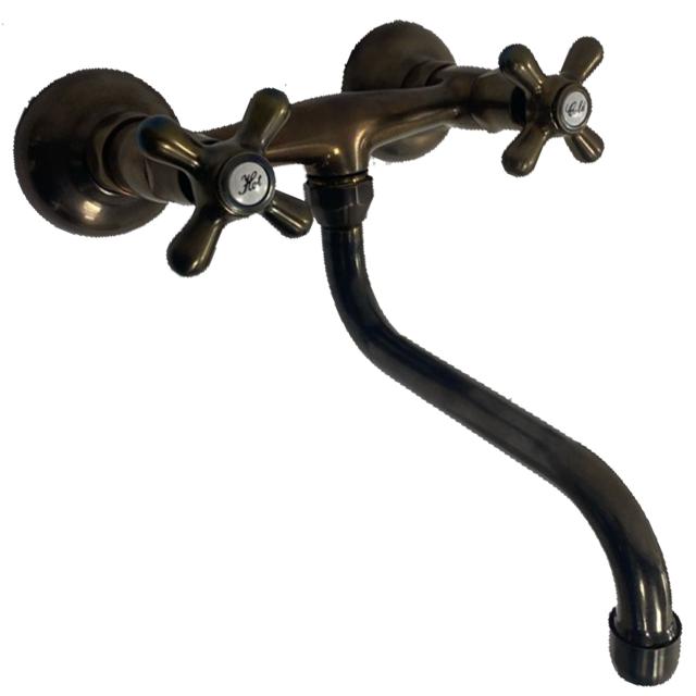 Retro to-grebs badekararmatur m/hane, Bruneret massiv messing