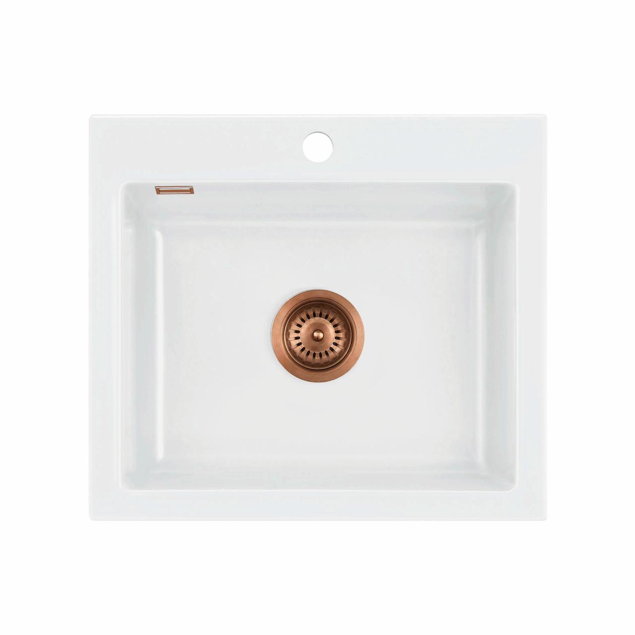 Mera 57 keramik køkkenvask, Hvid m/kobber afløb