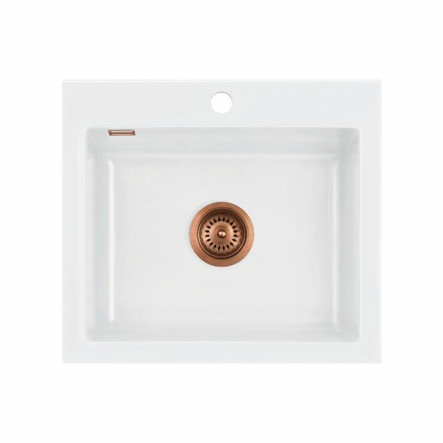 Mera 57 keramik køkkenvask, Hvid m/kobber afløb