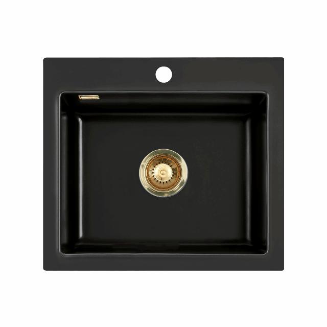 Mera 57 keramik køkkenvask, Matsort m/messing afløb