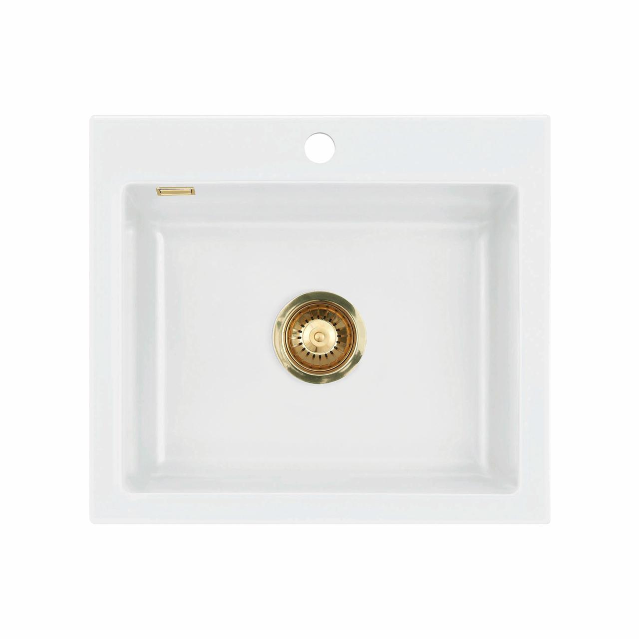 Mera 57 keramik køkkenvask, Hvid m/messing afløb