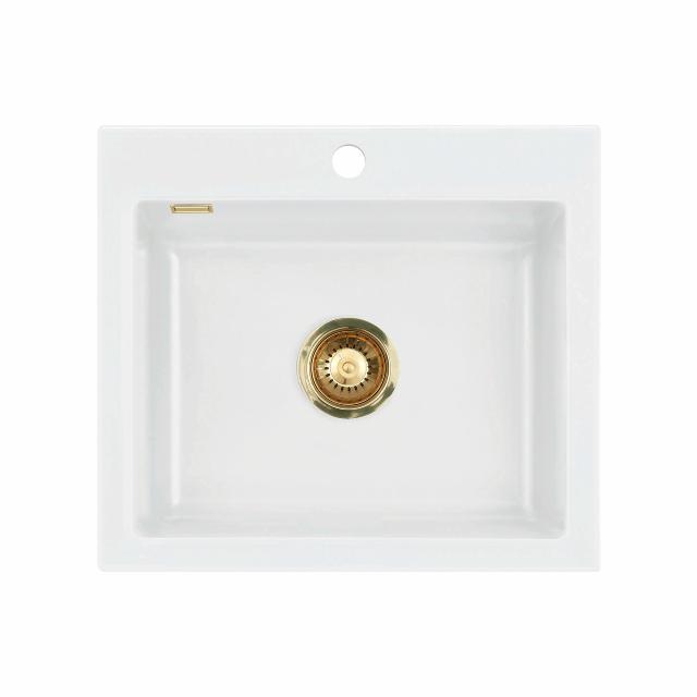 Mera 57 keramik køkkenvask, Hvid m/messing afløb