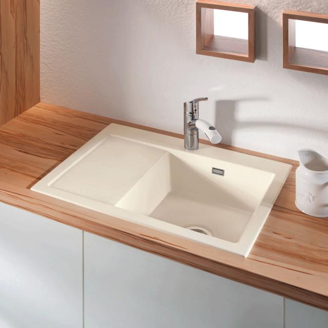 Mera 70 keramik køkkenvask m/bakke, Hvid m/krom afløb