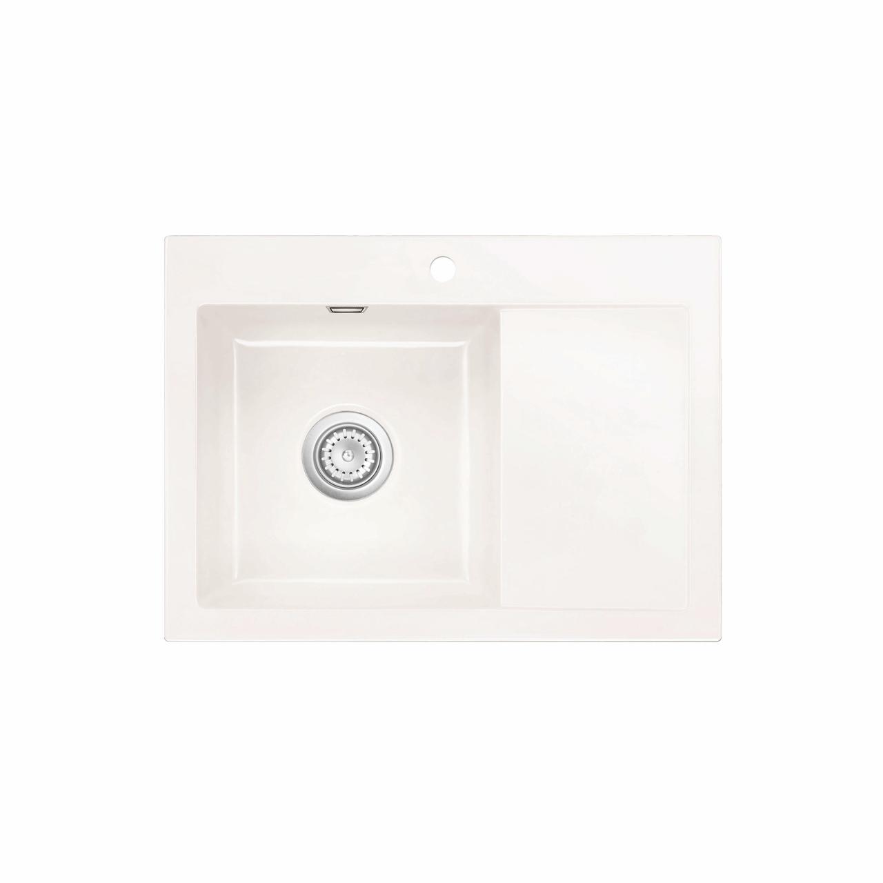 Mera 70 keramik køkkenvask m/bakke, Hvid m/krom afløb