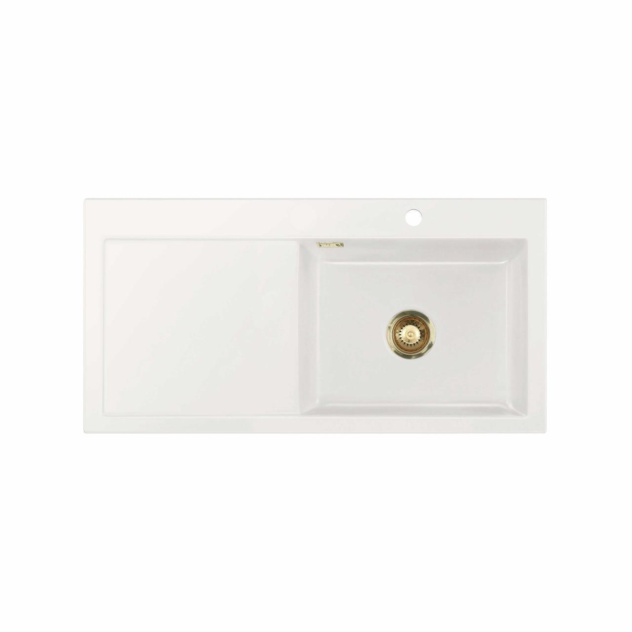 Mera 100 SL keramik køkkenvask m/bakke, Hvid m/messing afløb