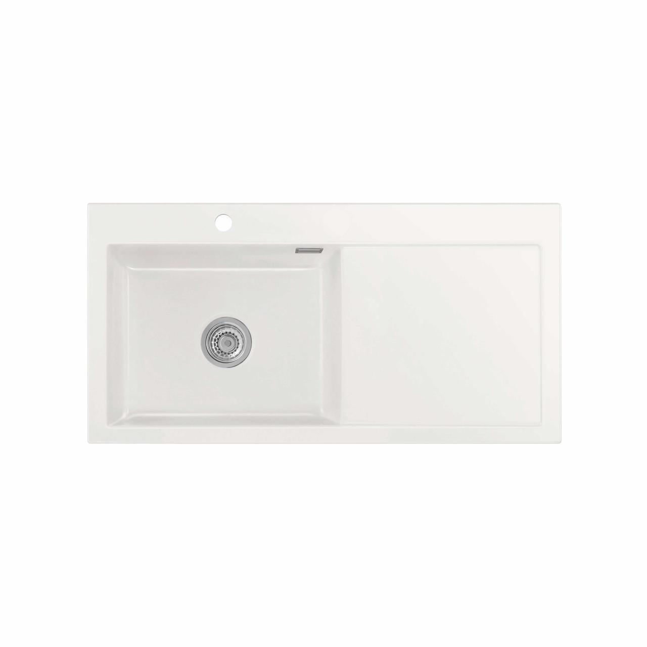 Mera 100 SL keramik køkkenvask m/bakke, Hvid m/krom afløb