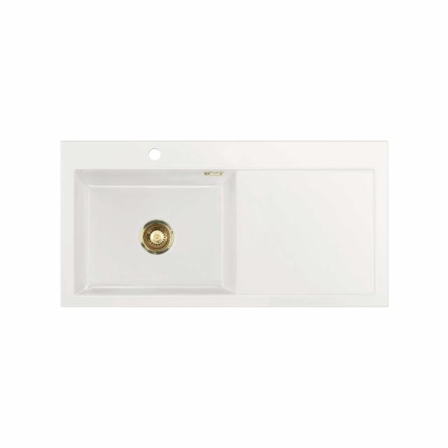 Mera 100 SL keramik køkkenvask m/bakke, Hvid m/messing afløb