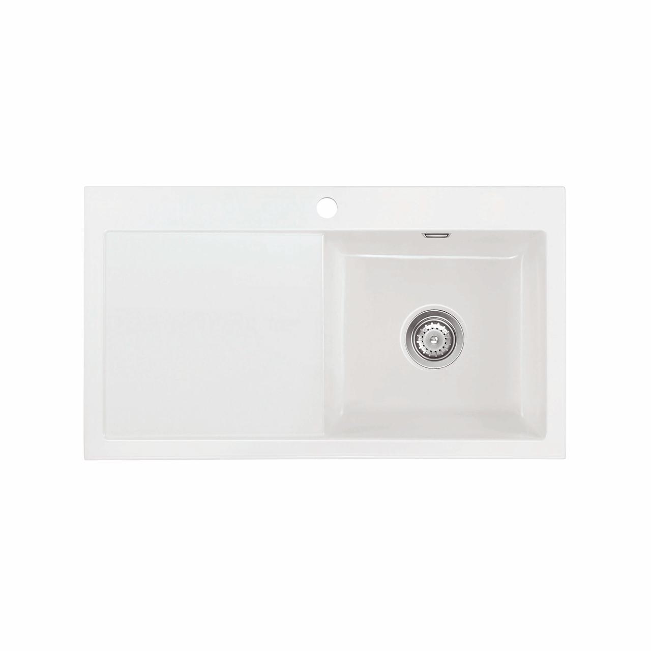 Mera 90 keramik køkkenvask m/bakke, Hvid m/krom afløb