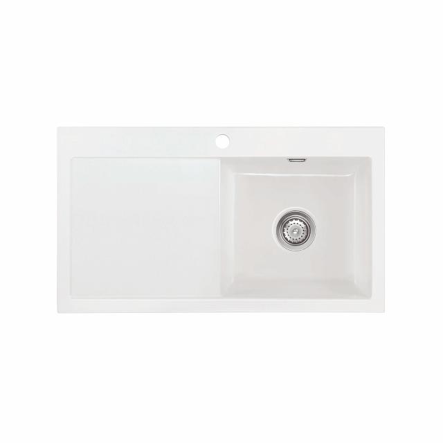 Mera 90 keramik køkkenvask m/bakke, Hvid m/krom afløb