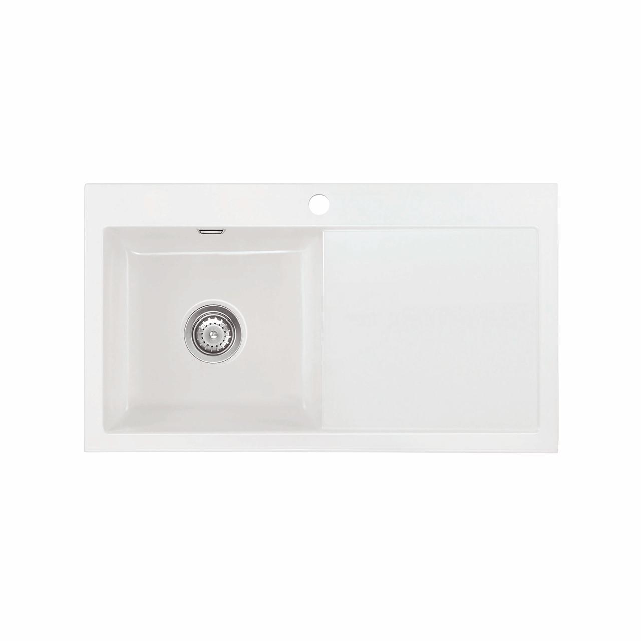 Mera 90 keramik køkkenvask m/bakke, Hvid m/krom afløb