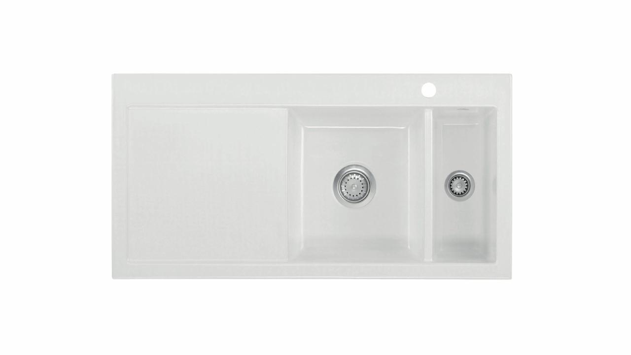 Mera 100 1½ keramik køkkenvask m/bakke, Hvid m/krom afløb