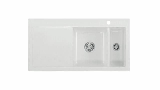 Mera 100 1½ keramik køkkenvask m/bakke, Hvid m/krom afløb