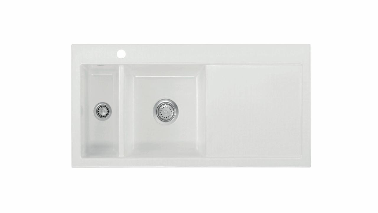 Mera 100 1½ keramik køkkenvask m/bakke, Hvid m/krom afløb