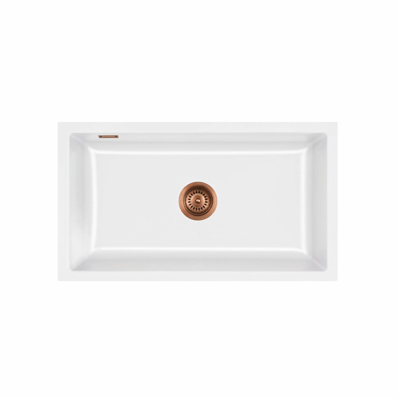 Mera 80 U keramik køkkenvask, Hvid m/kobber afløb