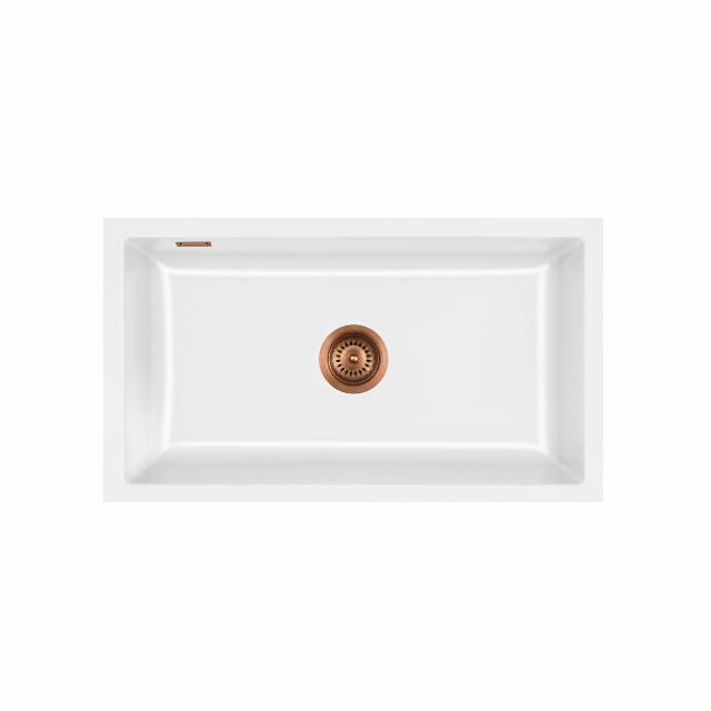 Mera 80 U keramik køkkenvask, Hvid m/kobber afløb