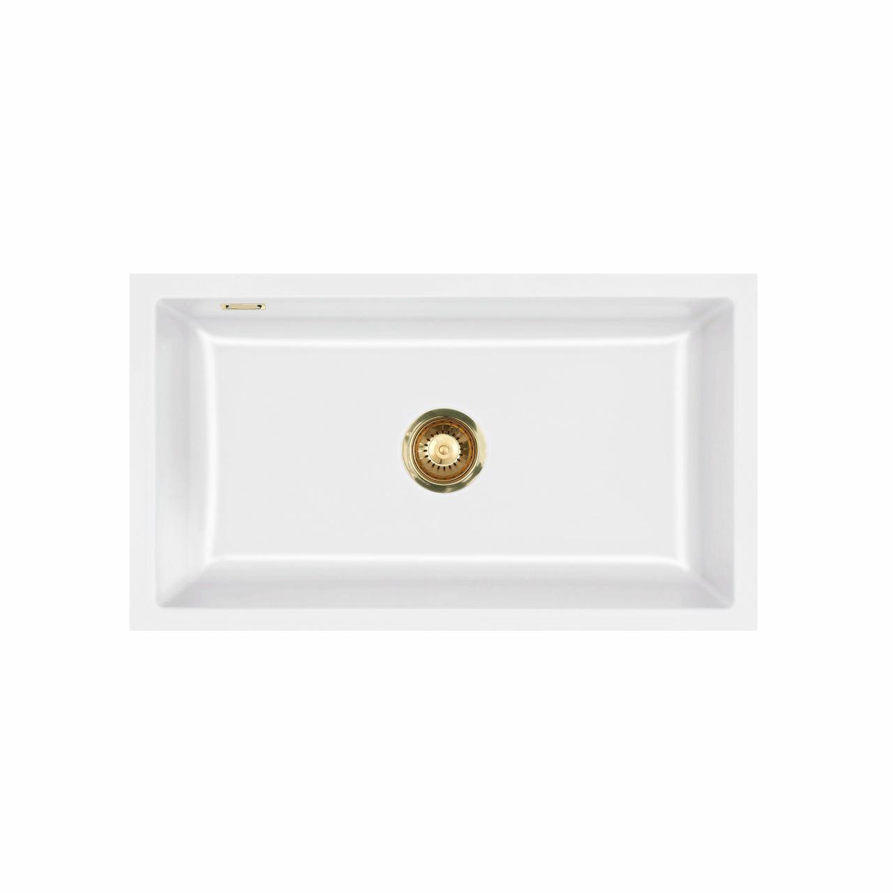 Mera 80 U keramik køkkenvask, Hvid m/messing afløb