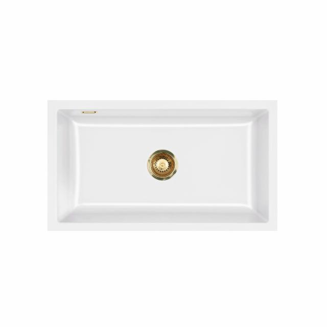 Mera 80 U keramik køkkenvask, Hvid m/messing afløb