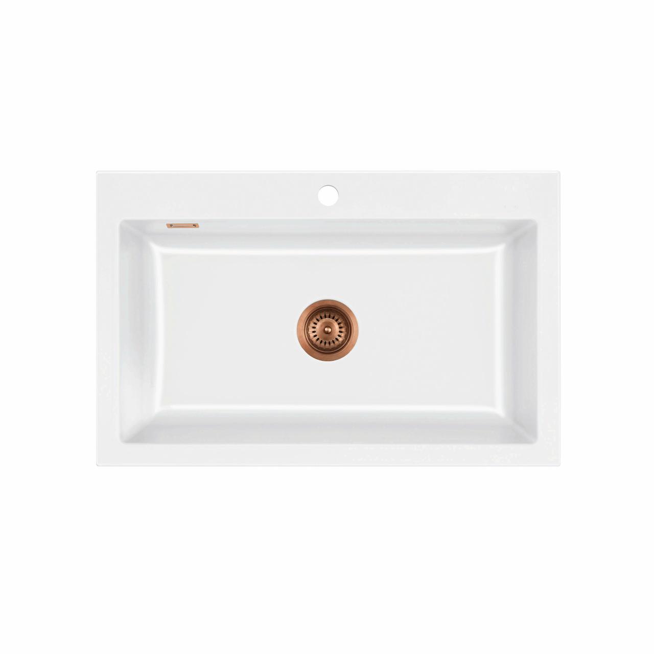 Mera 80 keramik køkkenvask, Hvid m/kobber afløb