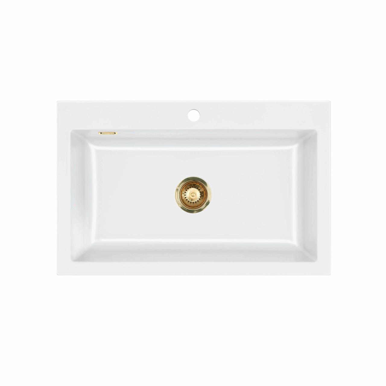 Mera 80 keramik køkkenvask, Hvid m/messing afløb