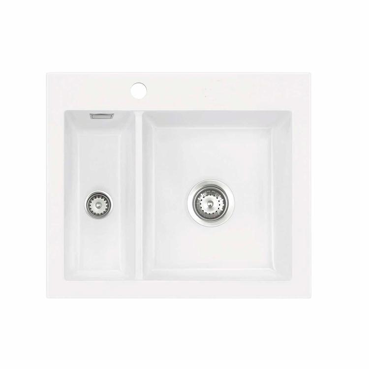 Mera 60 1½ kumme keramik køkkenvask, Hvid m/krom afløb