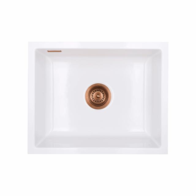 Mera 50 U keramik køkkenvask, Hvid m/kobber afløb