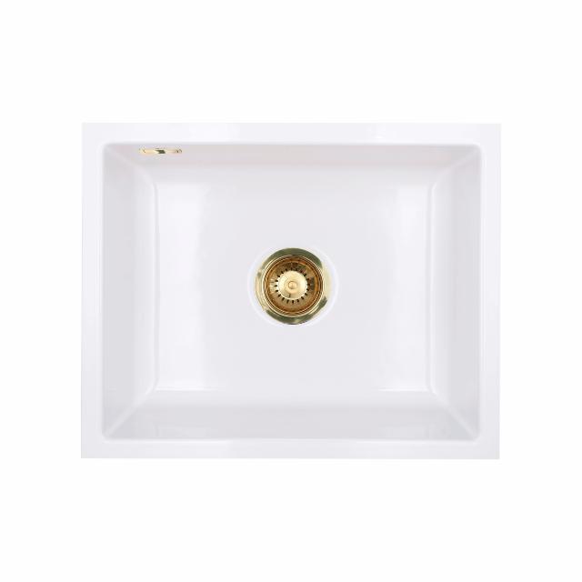 Mera 50 U keramik køkkenvask, Hvid m/messing afløb
