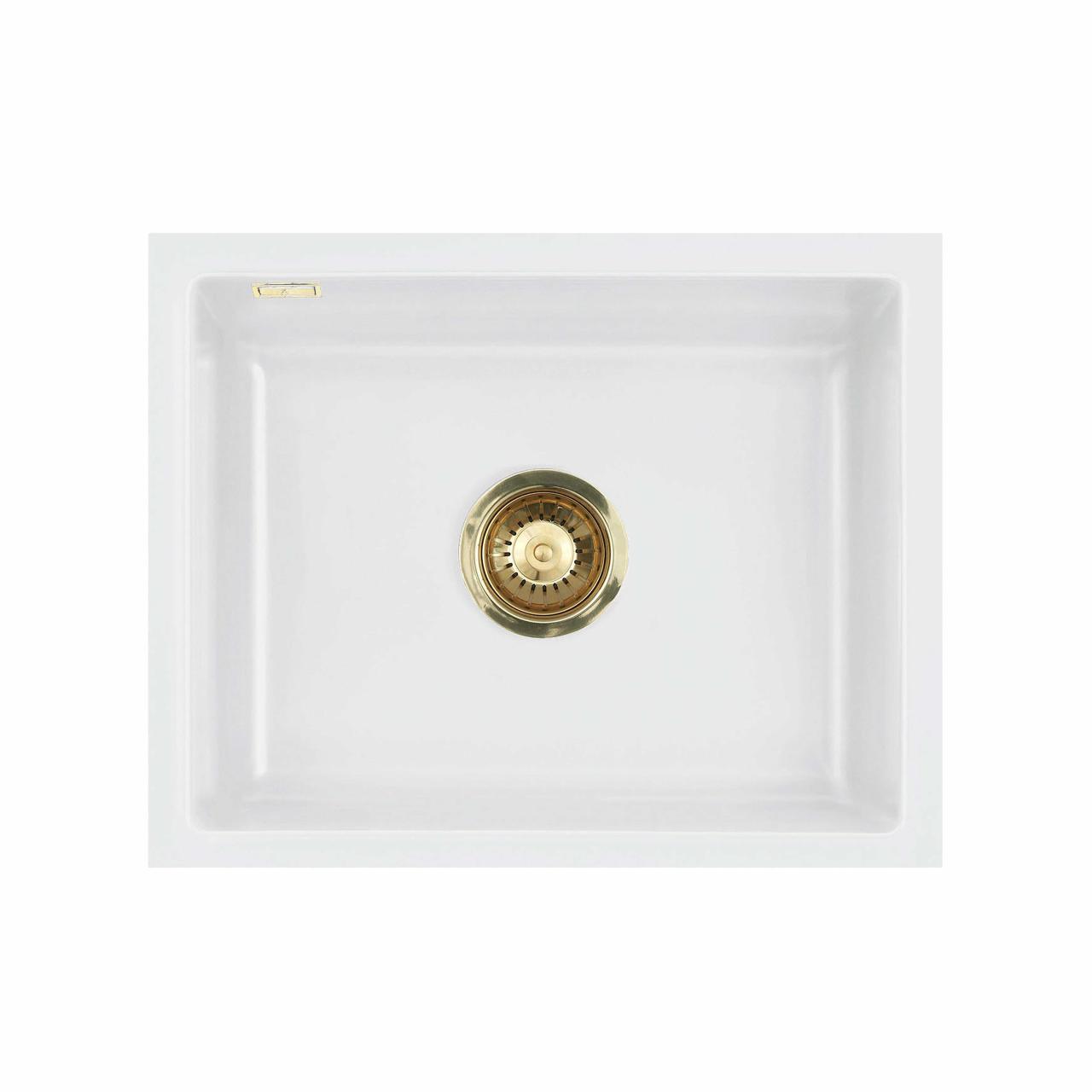 Mera 50 U keramik køkkenvask, Mathvid m/messing afløb