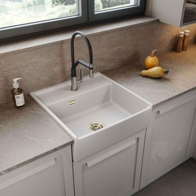 Kentro 60 keramik køkkenvask, Hvid m/PVD Messing afløb