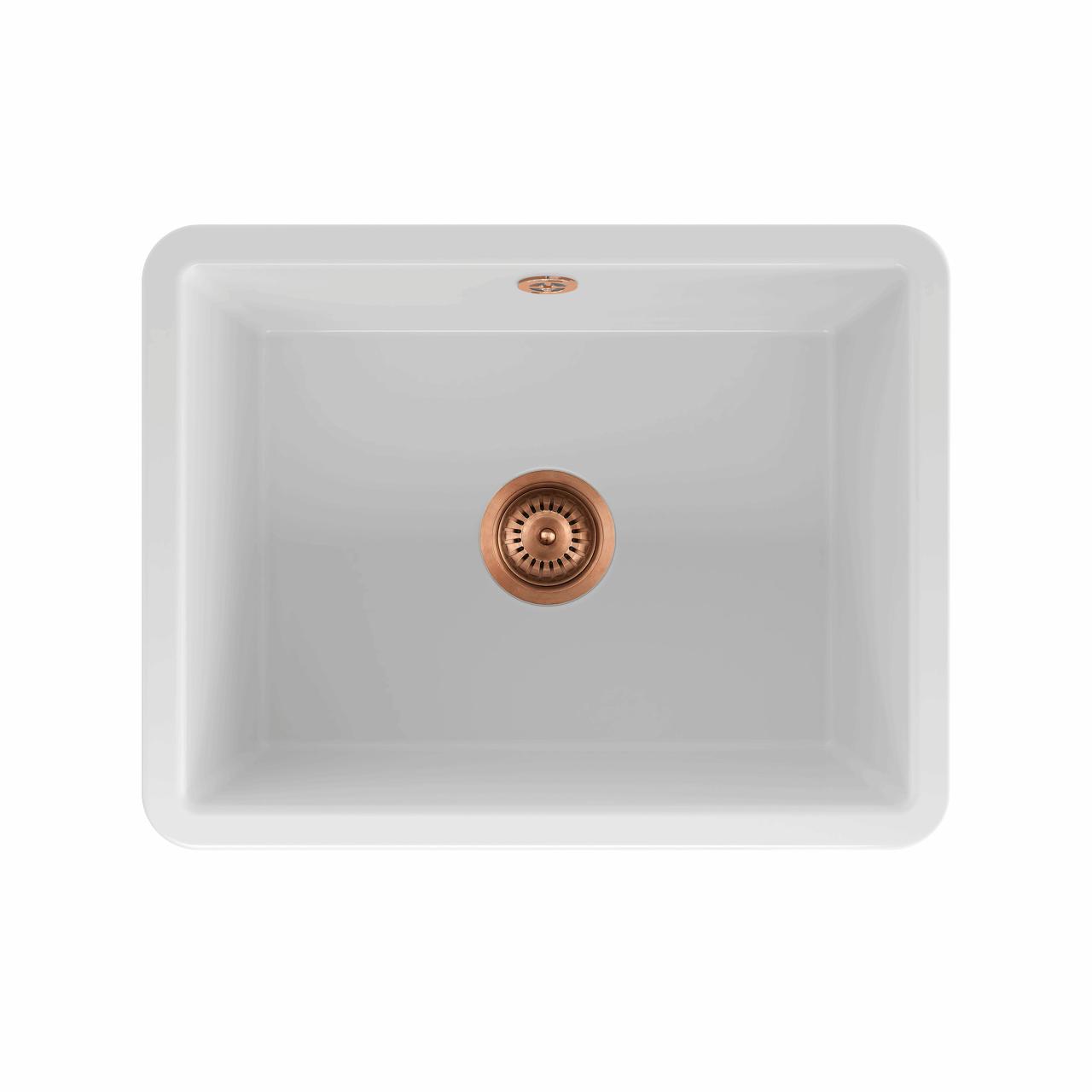 Mataro II keramik køkkenvask, Hvid m/PVD Kobber afløb