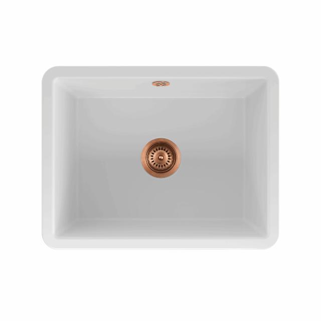 Mataro II keramik køkkenvask, Hvid m/PVD Kobber afløb