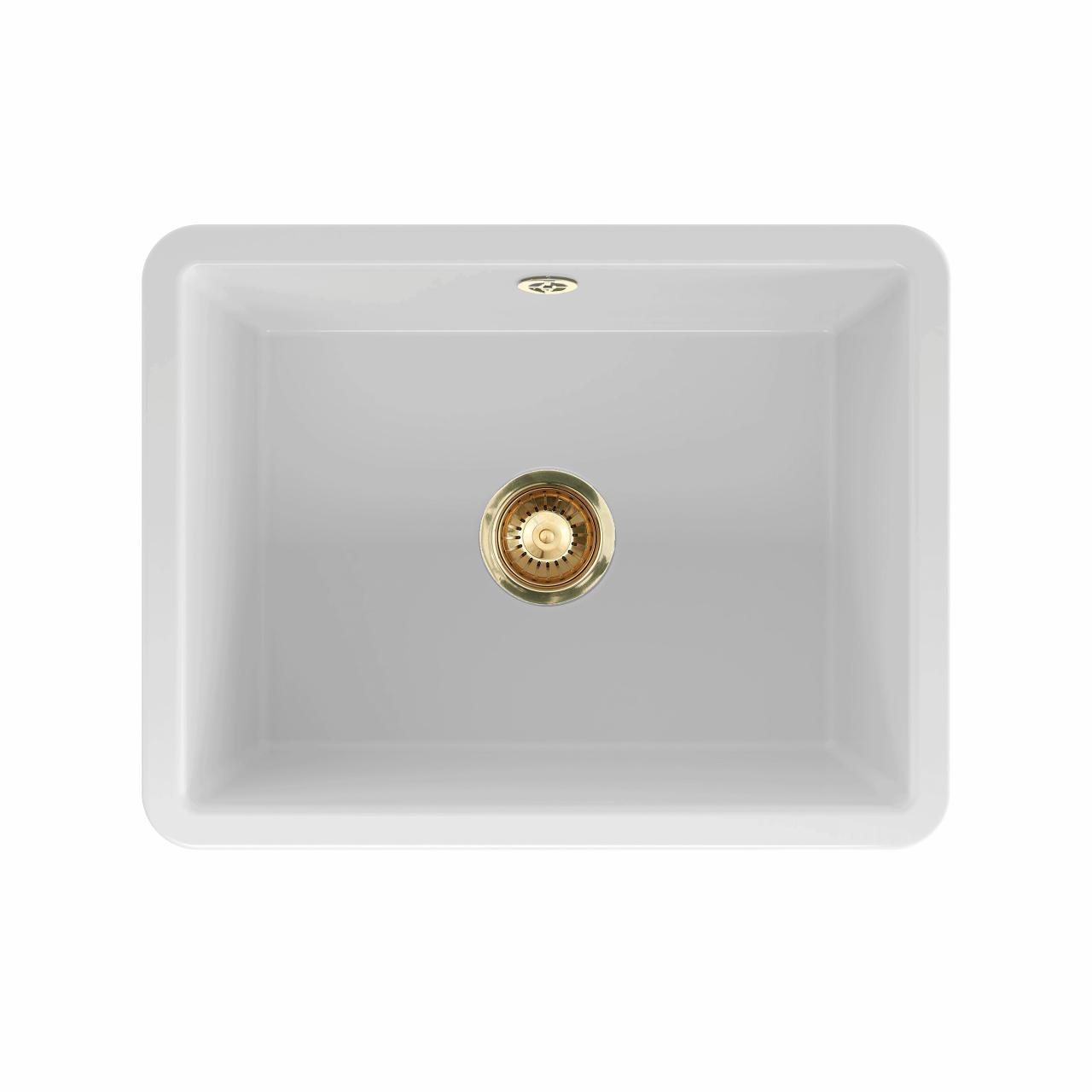 Mataro II keramik køkkenvask, Hvid m/PVD Messing afløb