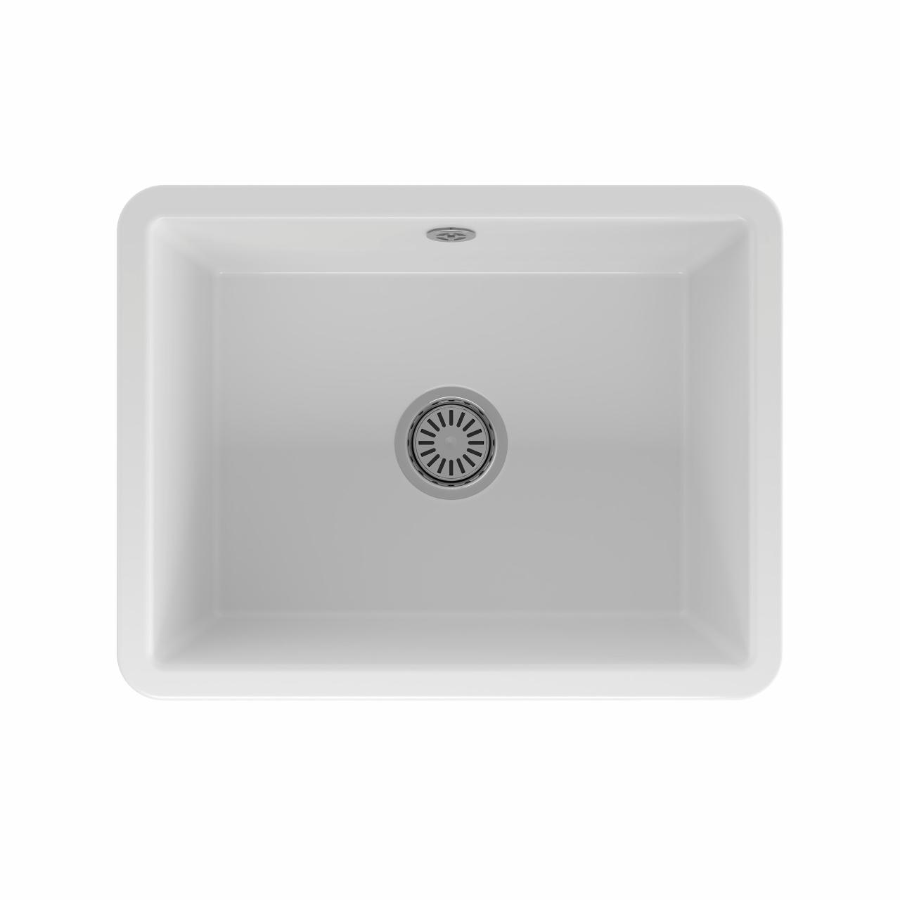 Mataro II keramik køkkenvask, Hvid m/krom afløb