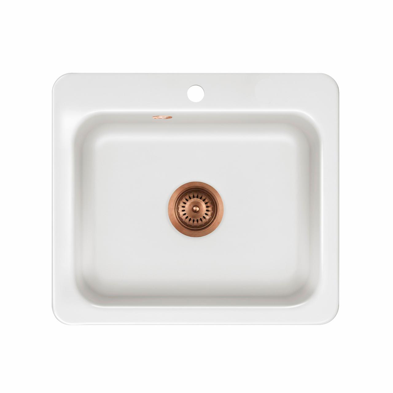 Juna 57 keramik køkkenvask, Hvid m/PVD Kobber afløb