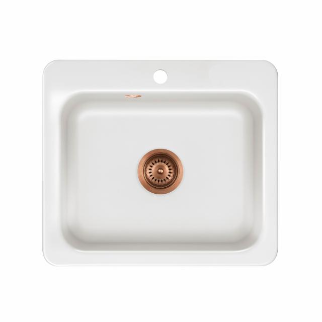 Juna 57 keramik køkkenvask, Hvid m/PVD Kobber afløb
