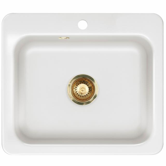 Juna 57 keramik køkkenvask, Hvid m/PVD Messing afløb