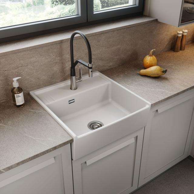 Kentro 60 keramik køkkenvask, Hvid m/krom afløb