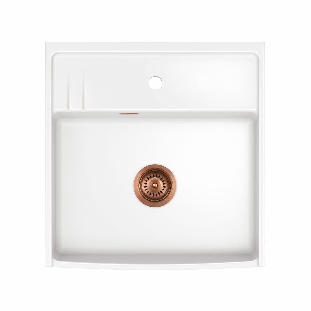 Kentro 60 keramik køkkenvask, Hvid m/PVD Kobber afløb
