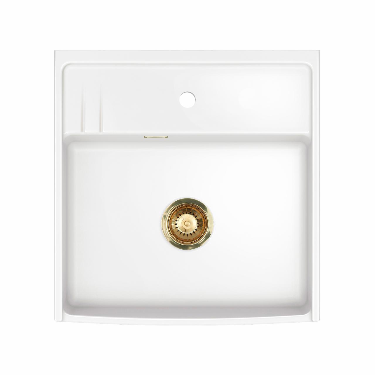 Kentro 60 keramik køkkenvask, Hvid m/PVD Messing afløb