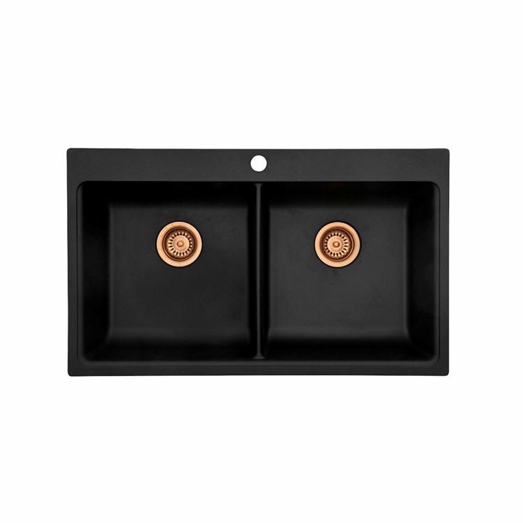 Saturn 86 dobbelt komposit køkkenvask, Sort m/kobber afløb