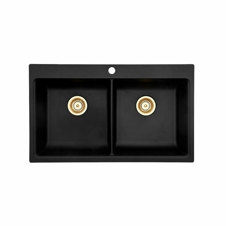 Saturn 86 dobbelt komposit køkkenvask, Sort m/messing afløb