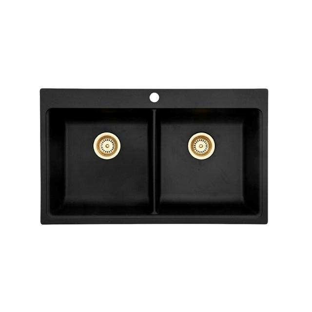 Saturn 86 dobbelt komposit køkkenvask, Sort m/messing afløb