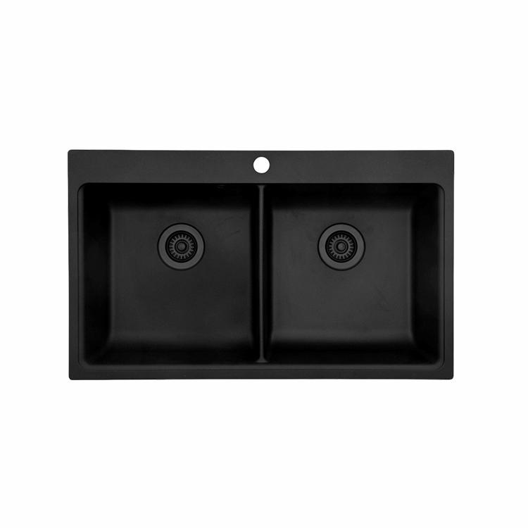 Saturn 86 dobbelt komposit køkkenvask, Sort m/sort afløb