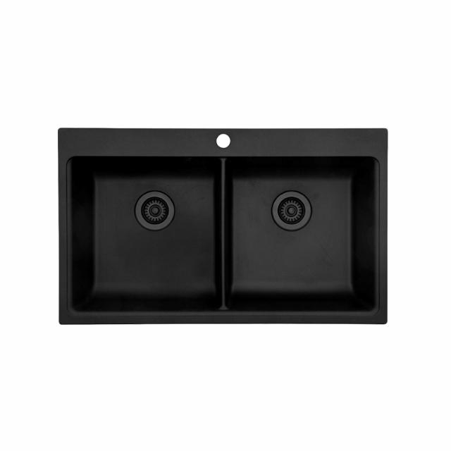 Saturn 86 dobbelt komposit køkkenvask, Sort m/sort afløb