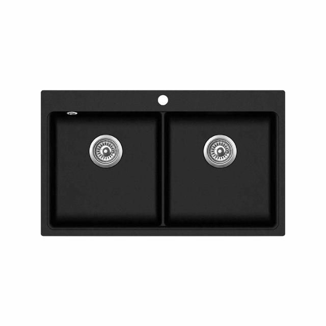 Saturn 86 dobbelt komposit køkkenvask, Sort m/krom afløb