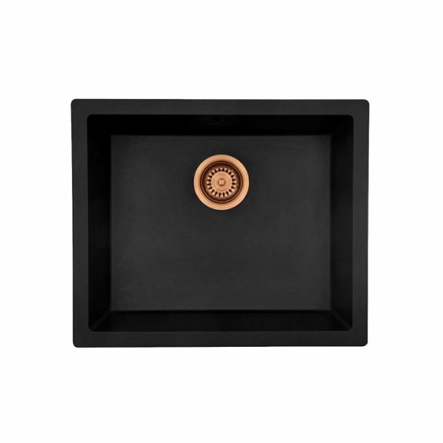 Jupiter 600 komposit køkkenvask, Sort m/kobber afløb