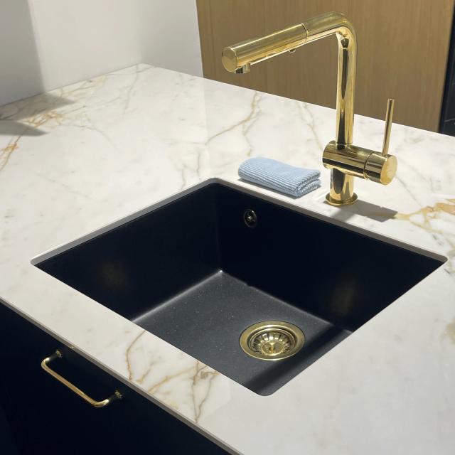 Jupiter 600 komposit køkkenvask, Sort m/messing afløb