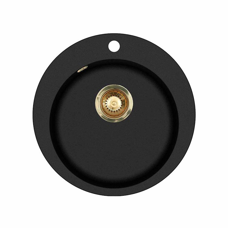 Saturn Rund komposit køkkenvask, Sort m/messing afløb