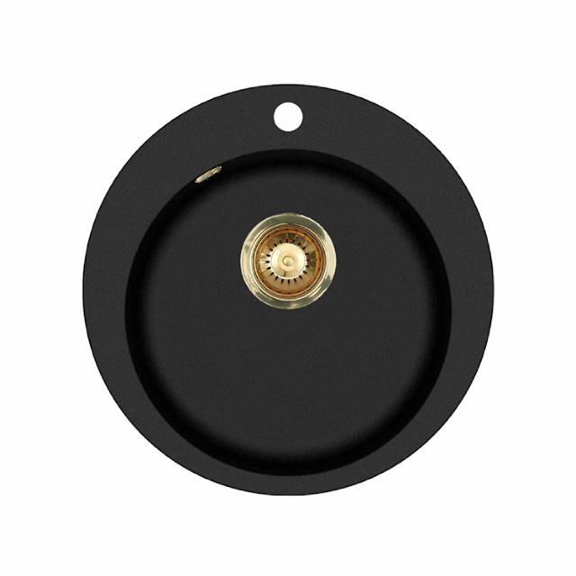 Saturn Rund komposit køkkenvask, Sort m/messing afløb