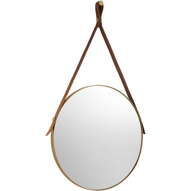 Lavabo spejl Ø500 mm, Messing m/brun læderstrop