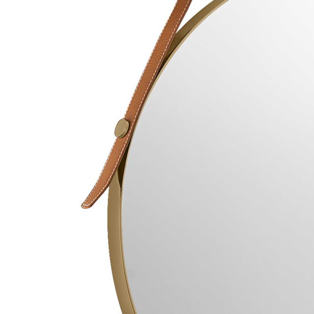 Lavabo spejl Ø500 mm, Messing m/brun læderstrop